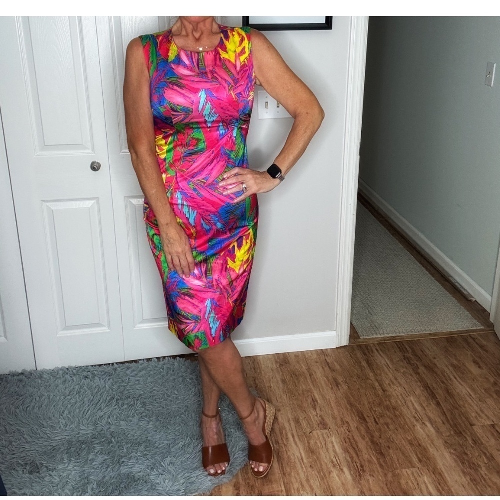Milly Sheath Dress Miami Lights Dress Vibrant Print Sleeveless Fitted Tropical